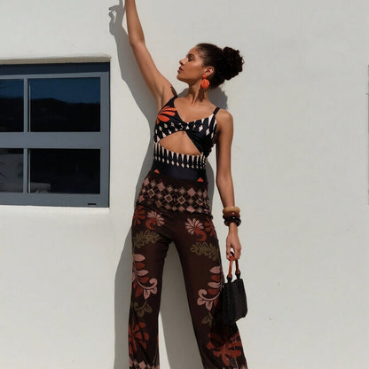 Tropical Cutout Swimsuit and Sheer Cover-Up Pants Set
