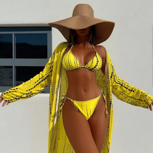 Women's 3-Piece Swimwear Set: Yellow Print Bikini + Sheer Kimono Beach Cover Up