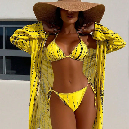 Women's 3-Piece Swimwear Set: Yellow Print Bikini + Sheer Kimono Beach Cover Up
