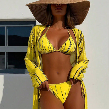 Women's 3-Piece Swimwear Set: Yellow Print Bikini + Sheer Kimono Beach Cover Up