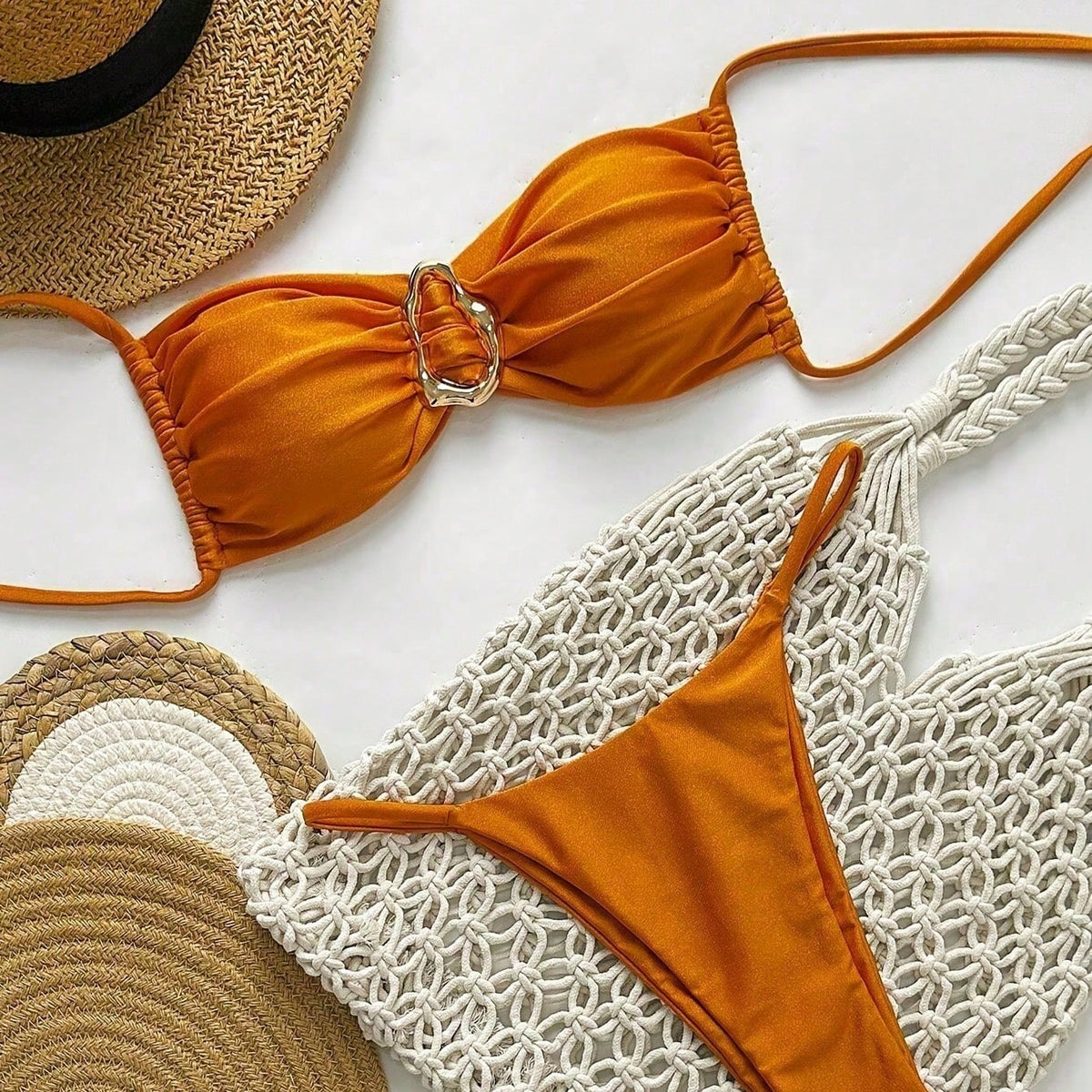New Caramel Gold Ring Halter Bikini, Shiny Fabric 2 Piece Swimwear