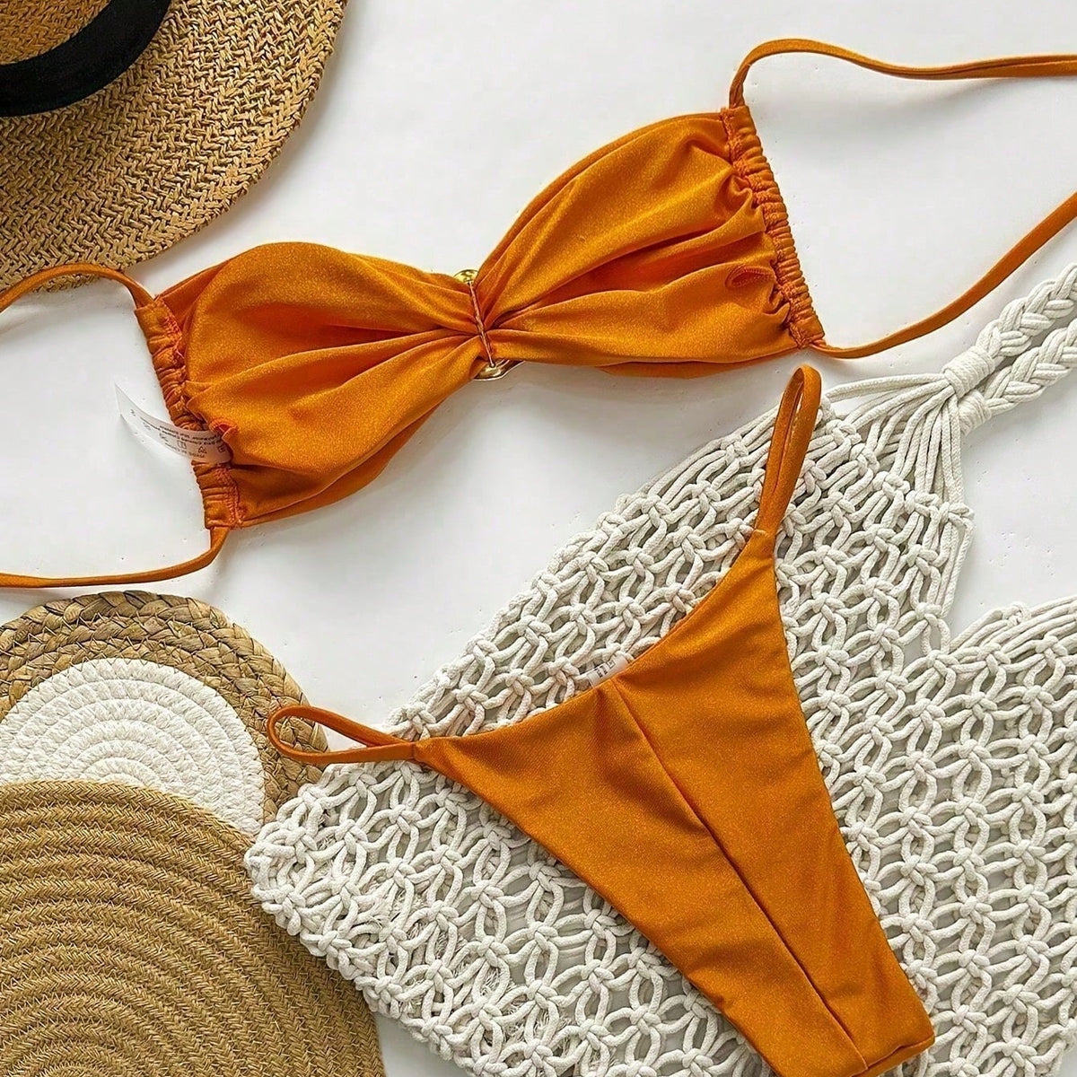 New Caramel Gold Ring Halter Bikini, Shiny Fabric 2 Piece Swimwear
