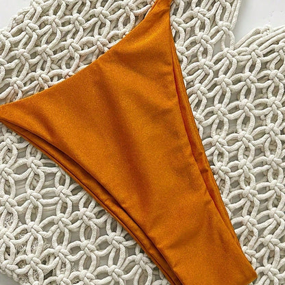 New Caramel Gold Ring Halter Bikini, Shiny Fabric 2 Piece Swimwear