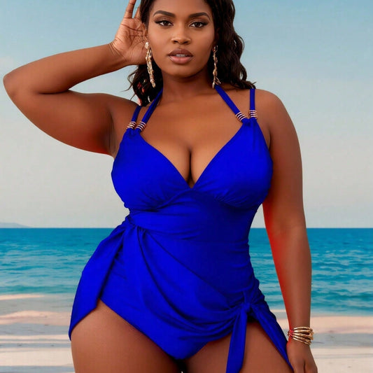 New Solid Halter One-Piece Swimsuit, Deep V Push-Up & Side Strap, Modest Tummy-Hiding Slimming Swimwear