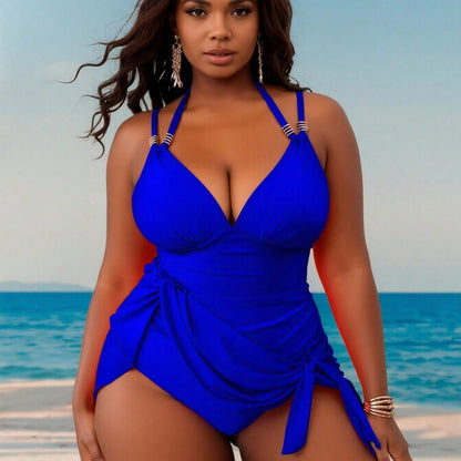 New Solid Halter One-Piece Swimsuit, Deep V Push-Up & Side Strap, Modest Tummy-Hiding Slimming Swimwear