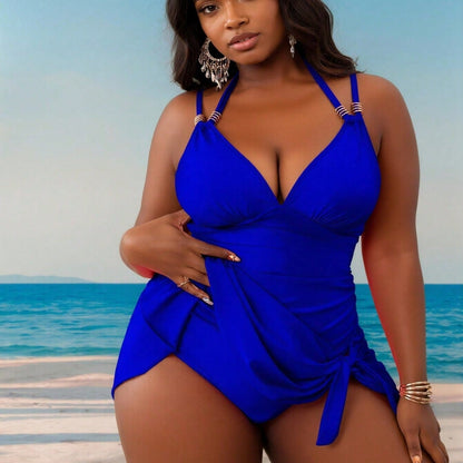 New Solid Halter One-Piece Swimsuit, Deep V Push-Up & Side Strap, Modest Tummy-Hiding Slimming Swimwear