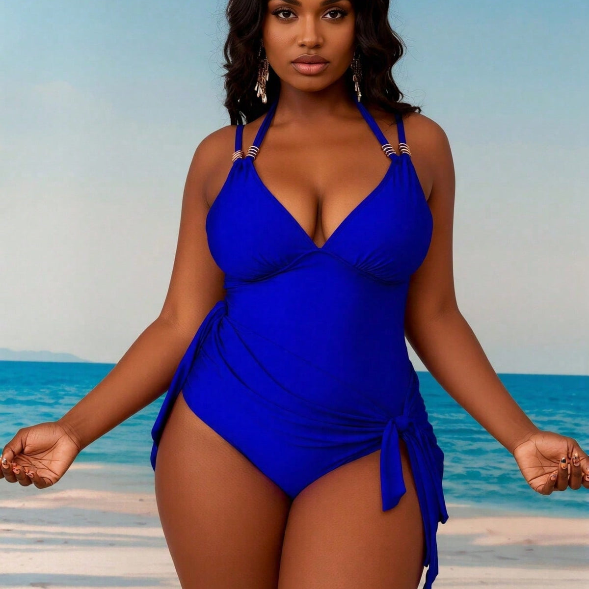 New Solid Halter One-Piece Swimsuit, Deep V Push-Up & Side Strap, Modest Tummy-Hiding Slimming Swimwear