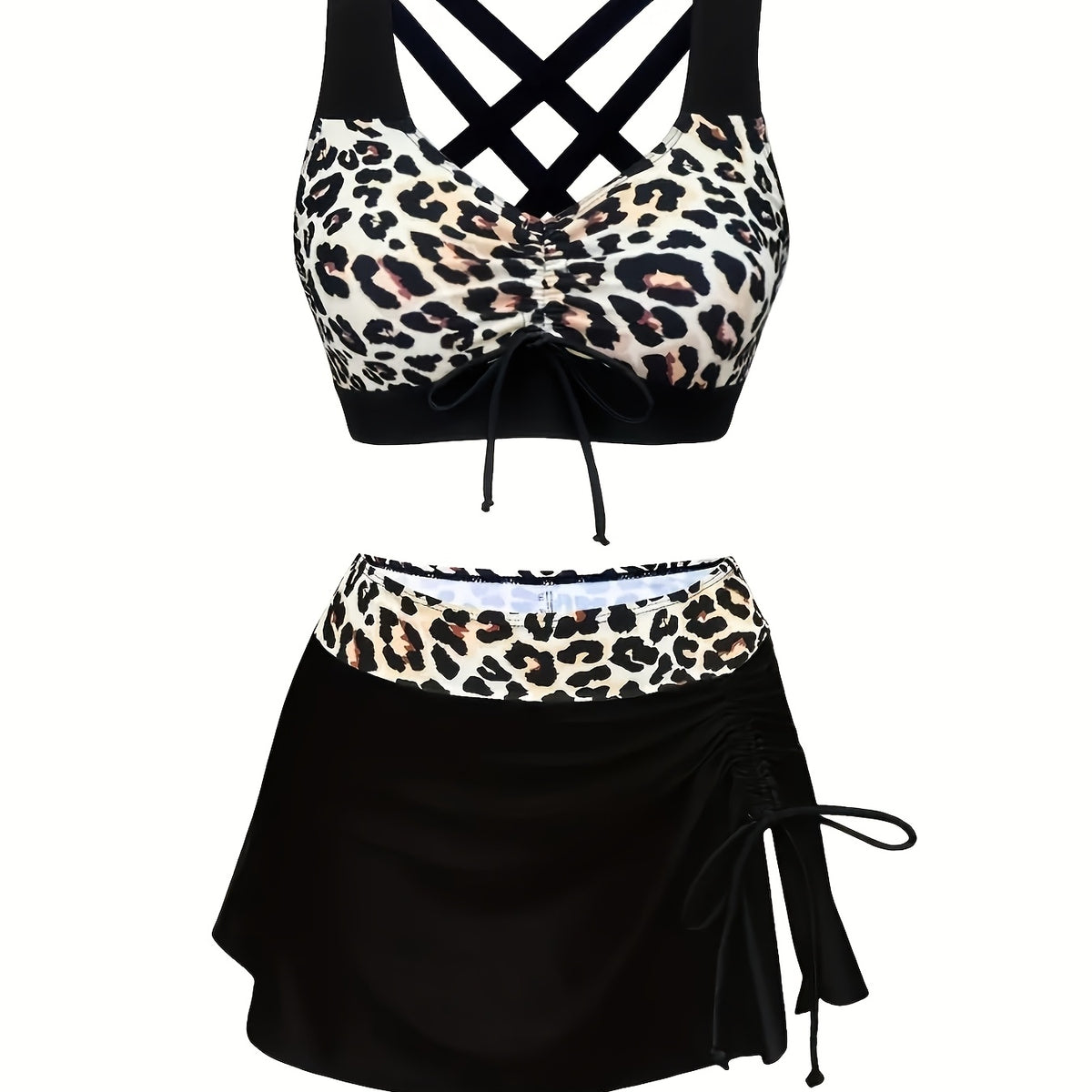 Teen Black White Leopard Print Drawstring Bikini With Side Split Swim Skirt 3 Piece Swimsuit Outfit for Beach Party Summer Vacation Seaside Trip