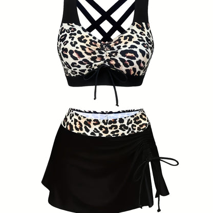 Teen Black White Leopard Print Drawstring Bikini With Side Split Swim Skirt 3 Piece Swimsuit Outfit for Beach Party Summer Vacation Seaside Trip