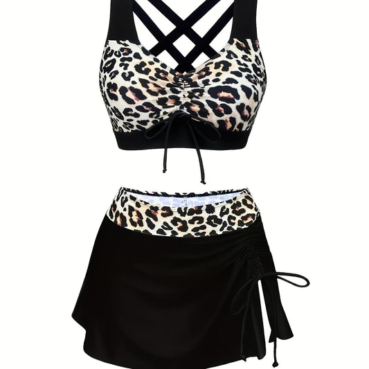 Teen Black White Leopard Print Drawstring Bikini With Side Split Swim Skirt 3 Piece Swimsuit Outfit for Beach Party Summer Vacation Seaside Trip