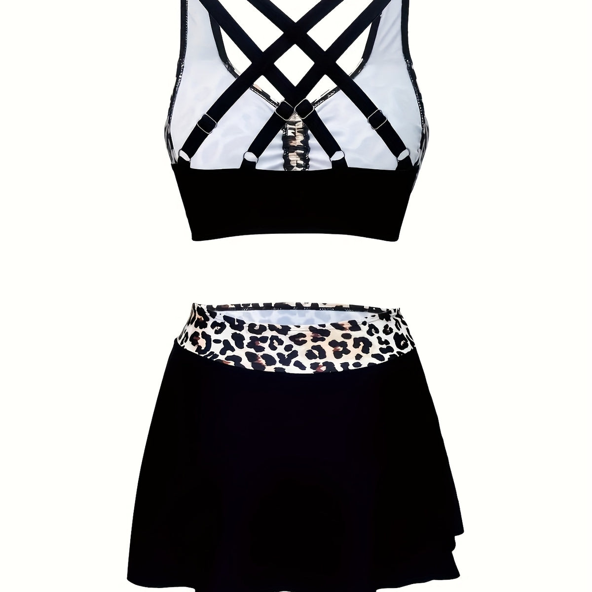 Teen Black White Leopard Print Drawstring Bikini With Side Split Swim Skirt 3 Piece Swimsuit Outfit for Beach Party Summer Vacation Seaside Trip