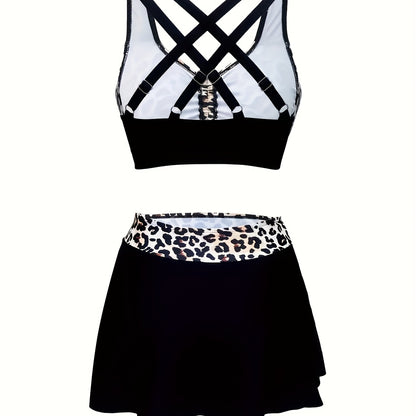 Teen Black White Leopard Print Drawstring Bikini With Side Split Swim Skirt 3 Piece Swimsuit Outfit for Beach Party Summer Vacation Seaside Trip