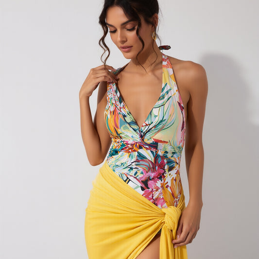 New Women's Plant Print Two-Piece Deep V Neck Swimsuit, Vacation Beach Sun Protection Swimwear for Women