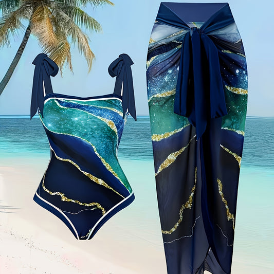 Women's Tankini Two-Piece Beachwear, Sunscreen, Dark Blue with Gold Print Half Skirt, Hot Spring Swimsuit, Beach Outfit for Women