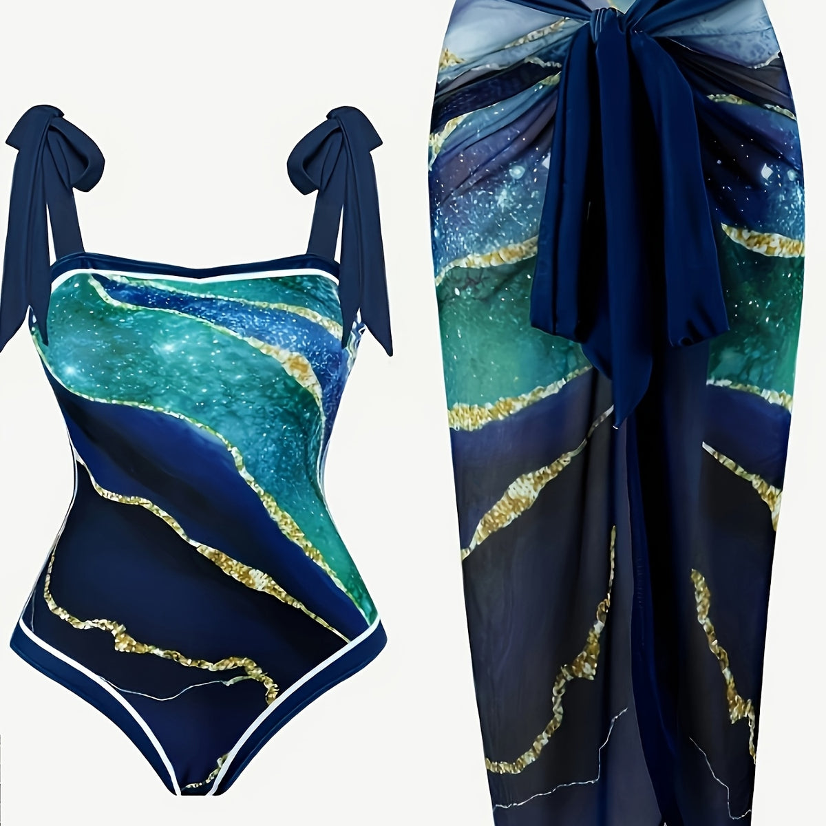 Women's Tankini Two-Piece Beachwear, Sunscreen, Dark Blue with Gold Print Half Skirt, Hot Spring Swimsuit, Beach Outfit for Women