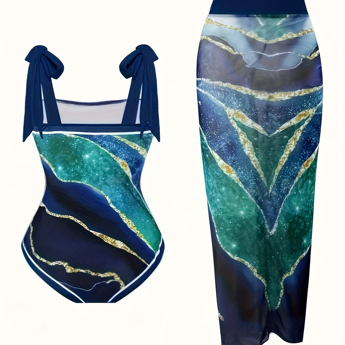 Women's Tankini Two-Piece Beachwear, Sunscreen, Dark Blue with Gold Print Half Skirt, Hot Spring Swimsuit, Beach Outfit for Women