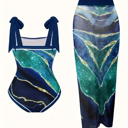 Women's Tankini Two-Piece Beachwear, Sunscreen, Dark Blue with Gold Print Half Skirt, Hot Spring Swimsuit, Beach Outfit for Women