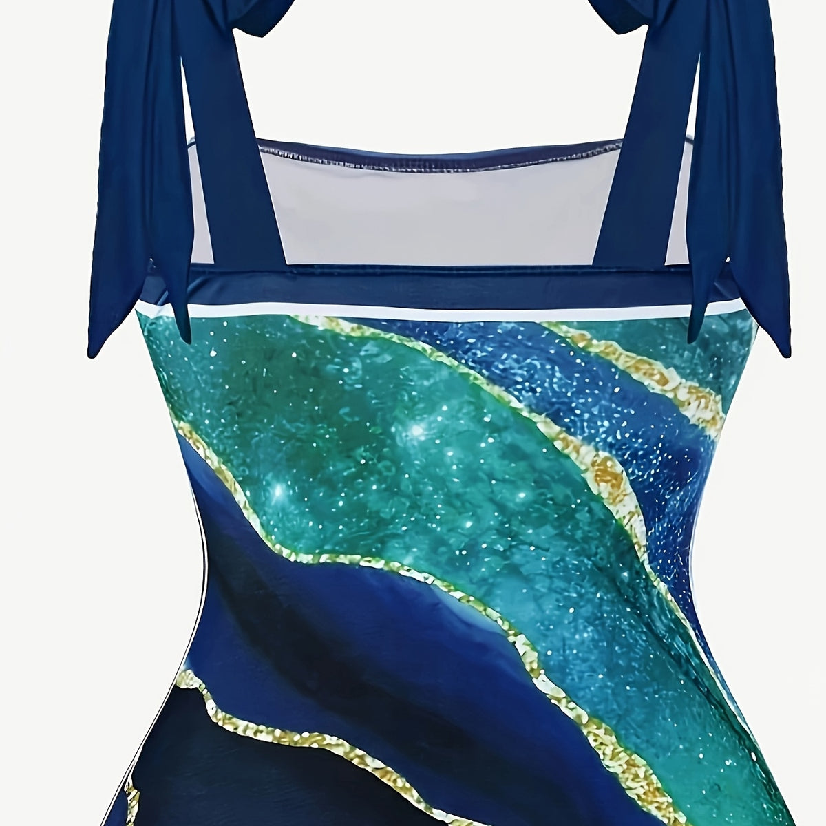 Women's Tankini Two-Piece Beachwear, Sunscreen, Dark Blue with Gold Print Half Skirt, Hot Spring Swimsuit, Beach Outfit for Women