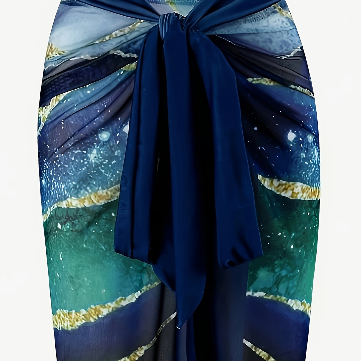 Women's Tankini Two-Piece Beachwear, Sunscreen, Dark Blue with Gold Print Half Skirt, Hot Spring Swimsuit, Beach Outfit for Women