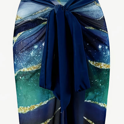 Women's Tankini Two-Piece Beachwear, Sunscreen, Dark Blue with Gold Print Half Skirt, Hot Spring Swimsuit, Beach Outfit for Women