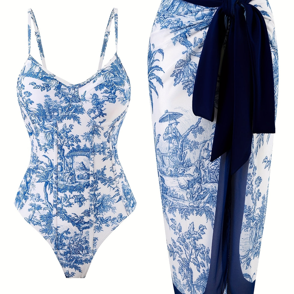 Women's Two-Piece Beach Set - Vintage Elegant Printed Swimwear, Vacation Sun-Protective Swimsuit for Women