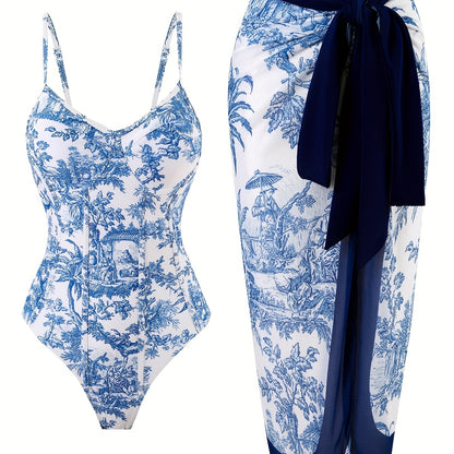 Women's Two-Piece Beach Set - Vintage Elegant Printed Swimwear, Vacation Sun-Protective Swimsuit for Women
