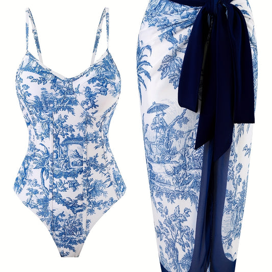 Women's Two-Piece Beach Set - Vintage Elegant Printed Swimwear, Vacation Sun-Protective Swimsuit for Women