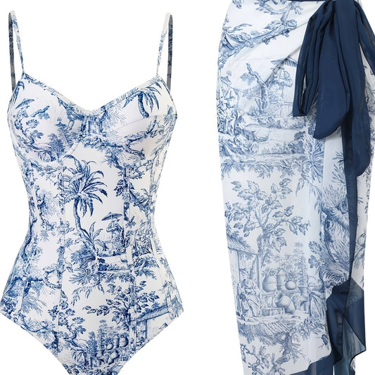 Women's Two-Piece Beach Set - Vintage Elegant Printed Swimwear, Vacation Sun-Protective Swimsuit for Women