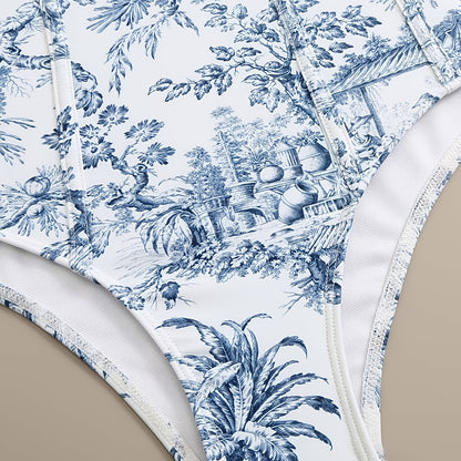 Women's Two-Piece Beach Set - Vintage Elegant Printed Swimwear, Vacation Sun-Protective Swimsuit for Women