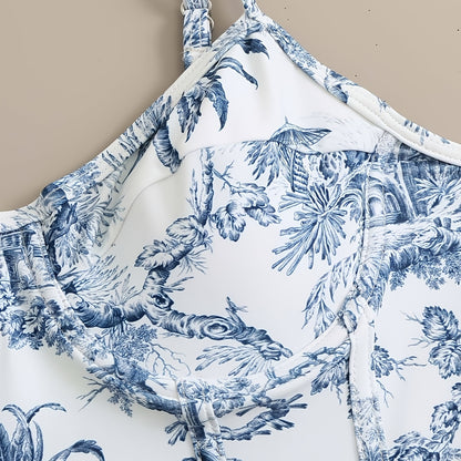 Women's Two-Piece Beach Set - Vintage Elegant Printed Swimwear, Vacation Sun-Protective Swimsuit for Women