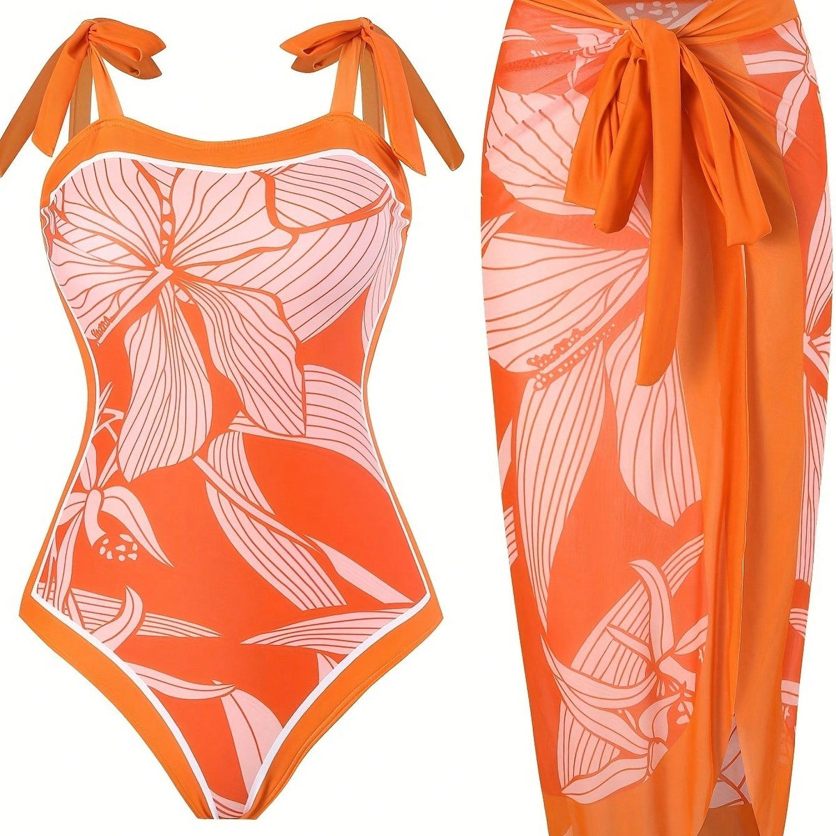 New Orange Tropical Floral One Piece Swimsuit Set, Tie Shoulder Straps Matching Wrap Split Sarong Cover Up Skirt