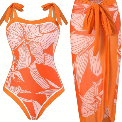 New Orange Tropical Floral One Piece Swimsuit Set, Tie Shoulder Straps Matching Wrap Split Sarong Cover Up Skirt