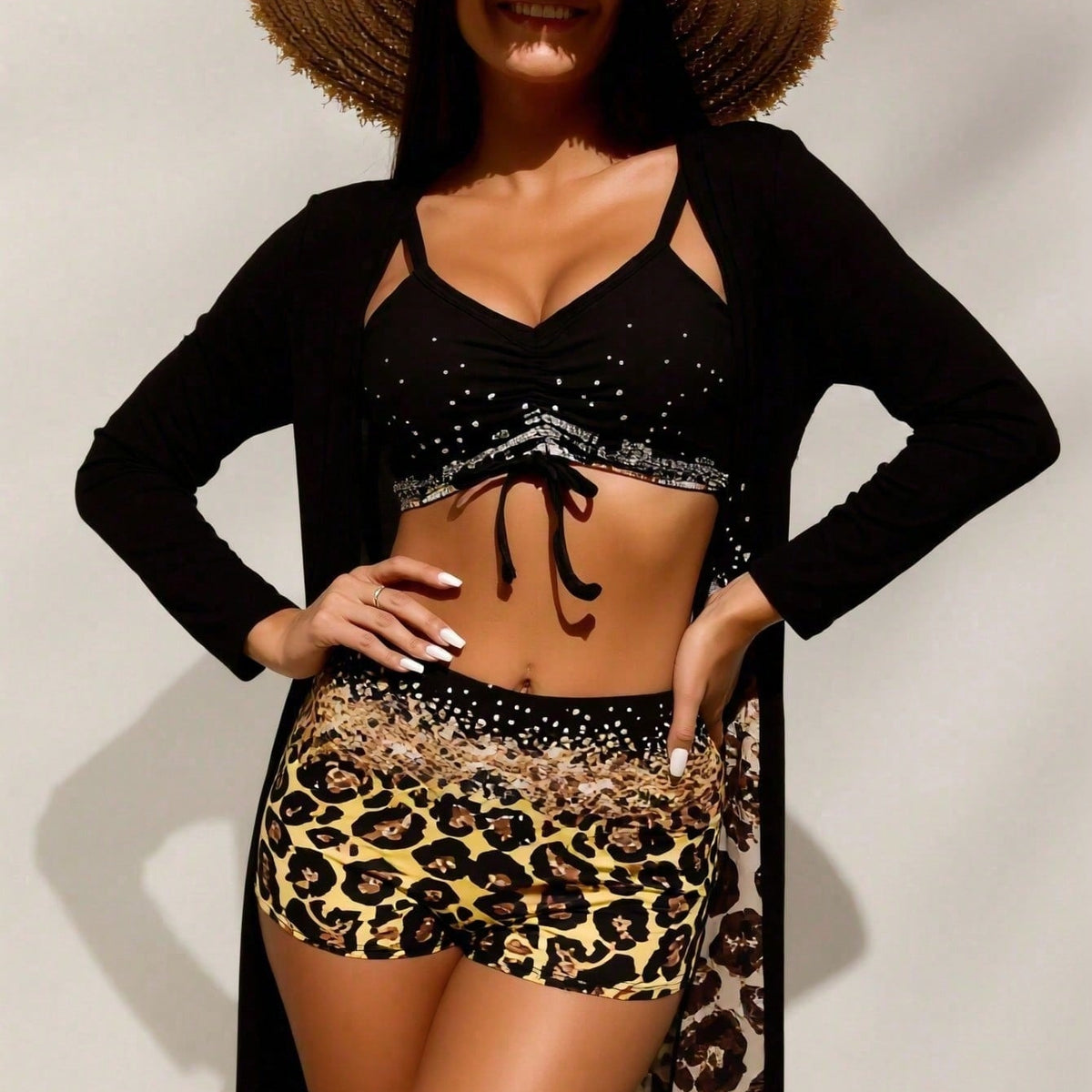 Black Rhinestone Bikini Top, Leopard Shorts and Cover-Up Set