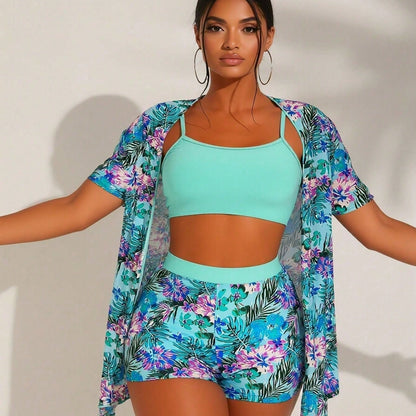 Mint Tropical Floral Three-Piece Tankini and Kimono Set