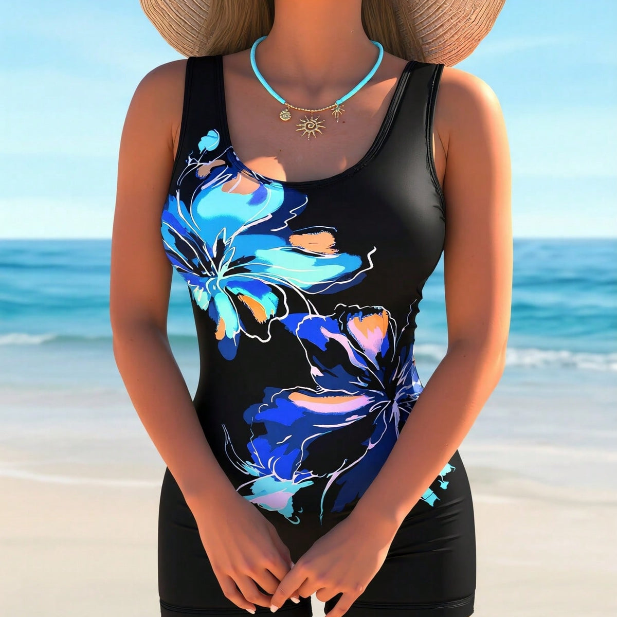 New Black Base with Blue Floral Print One-Piece Boyleg Swimsuit, Scoop Neck Tummy Control Sport Bathing Suit