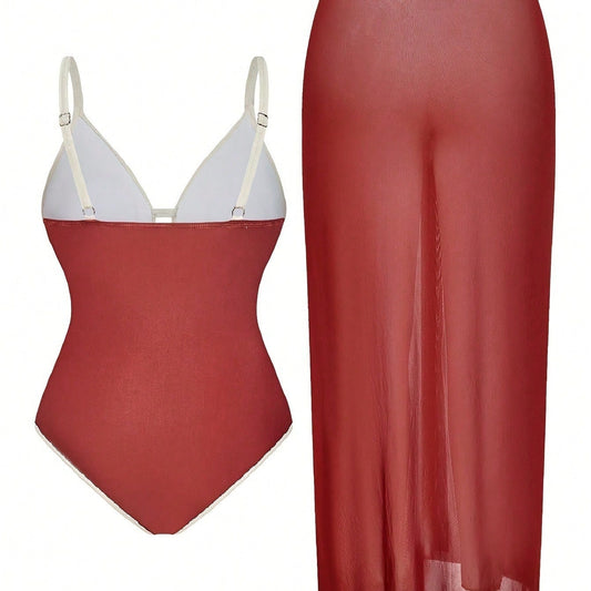 New Wine Red White Colorblock One Piece Swimsuit 3 Piece Set, Starfish Decor & Mesh Cover Up Skirt, Tummy Control Vacation Beach Swimwear
