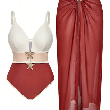 New Wine Red White Colorblock One Piece Swimsuit 3 Piece Set, Starfish Decor & Mesh Cover Up Skirt, Tummy Control Vacation Beach Swimwear