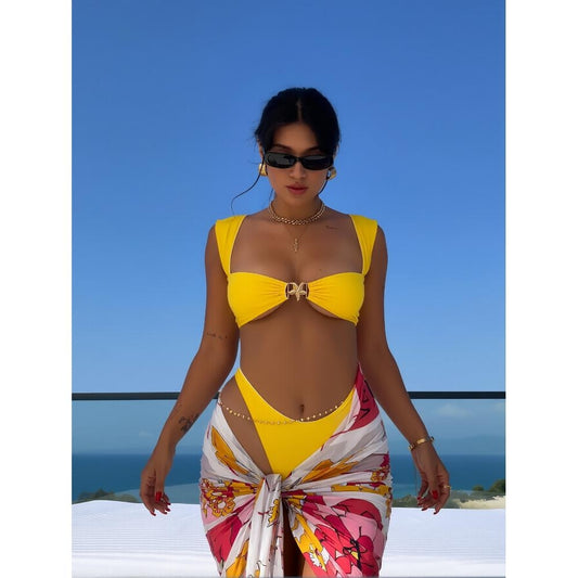 New Bright Yellow Metal Buckle Wide Strap Bikini Set Women's High-Waisted Babe Slimming Swimsuit for Beach Vacation, Retro Style