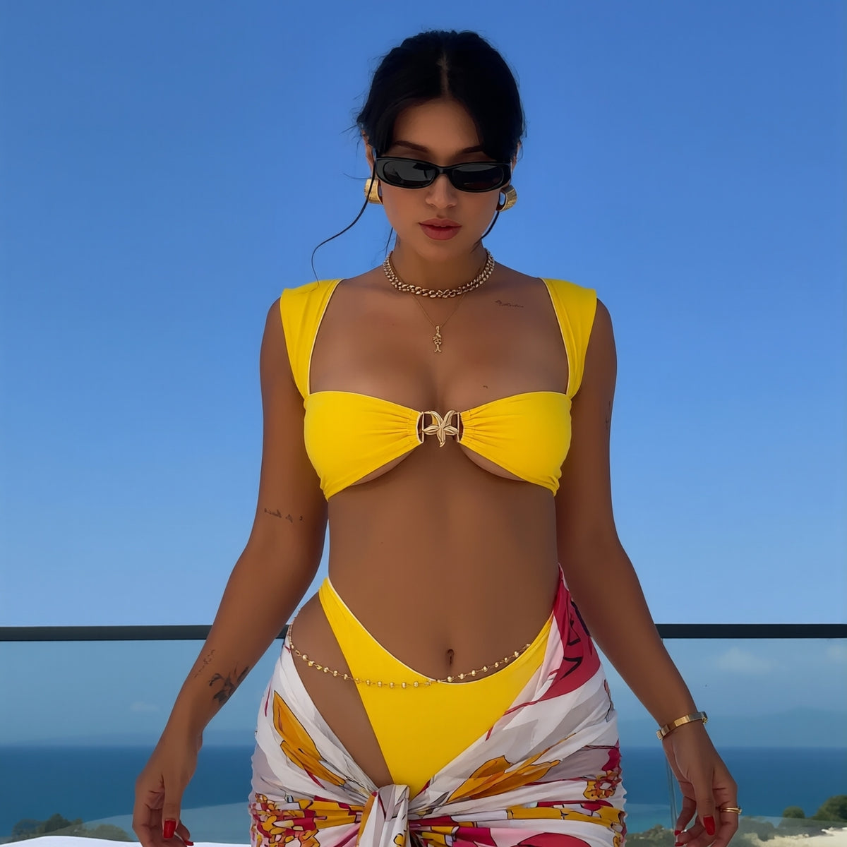 New Bright Yellow Metal Buckle Wide Strap Bikini Set Women's High-Waisted Babe Slimming Swimsuit for Beach Vacation, Retro Style
