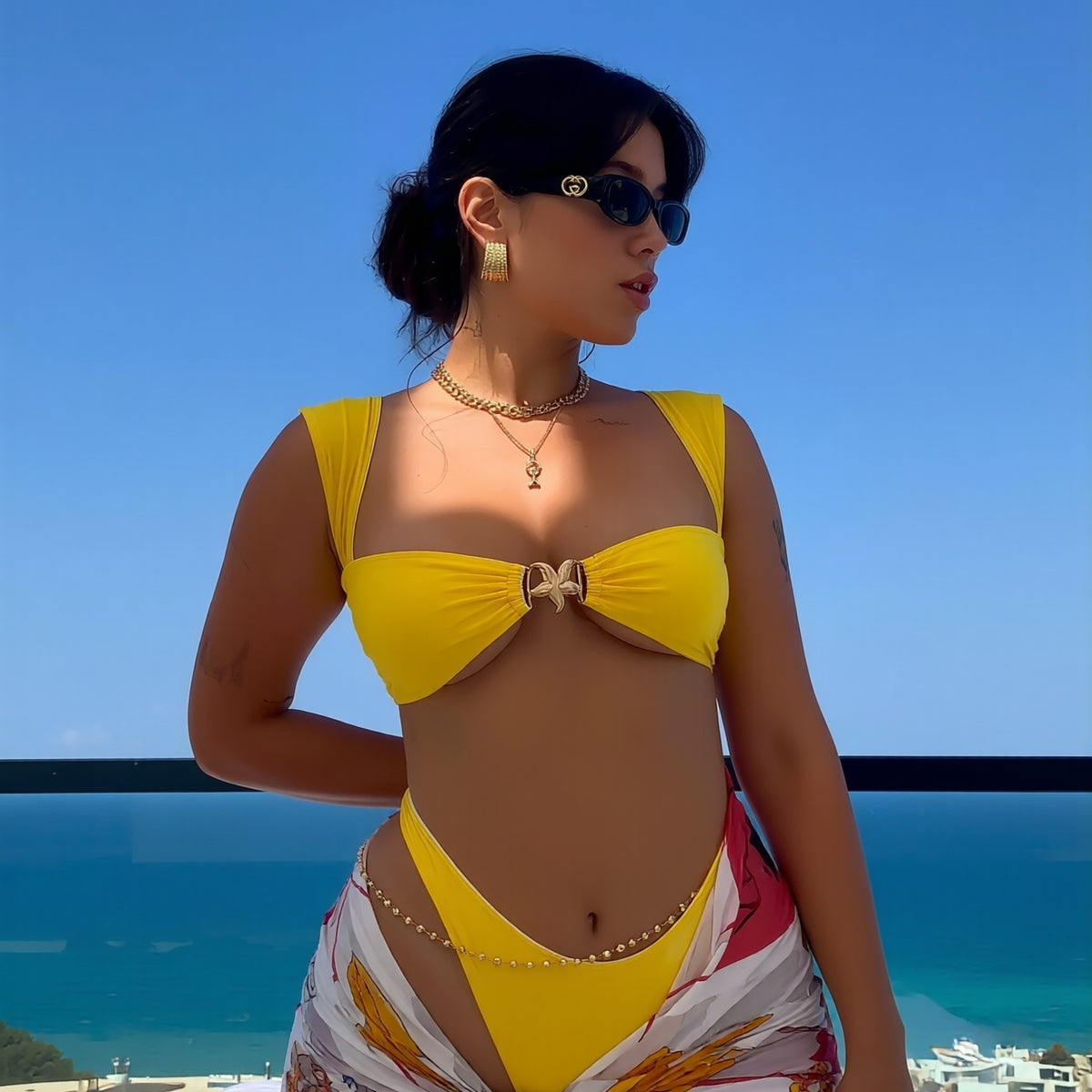 New Bright Yellow Metal Buckle Wide Strap Bikini Set Women's High-Waisted Babe Slimming Swimsuit for Beach Vacation, Retro Style