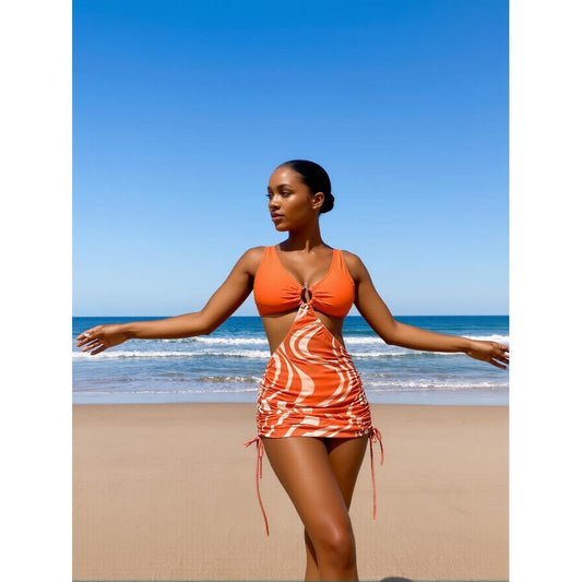 New Flattering Tankini Set: Orange Zebra Print, Cutout, Ring Detail, Ruched Drawstring, Beach Vacation Style