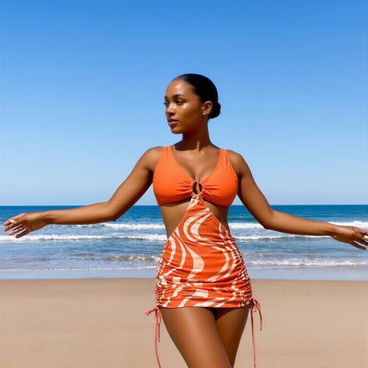New Flattering Tankini Set: Orange Zebra Print, Cutout, Ring Detail, Ruched Drawstring, Beach Vacation Style
