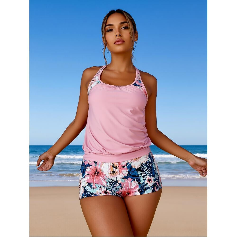 Women’s Halter Neck 2‑Piece Tankini Set, Pink Solid Top with Hibiscus Print Swim Shorts