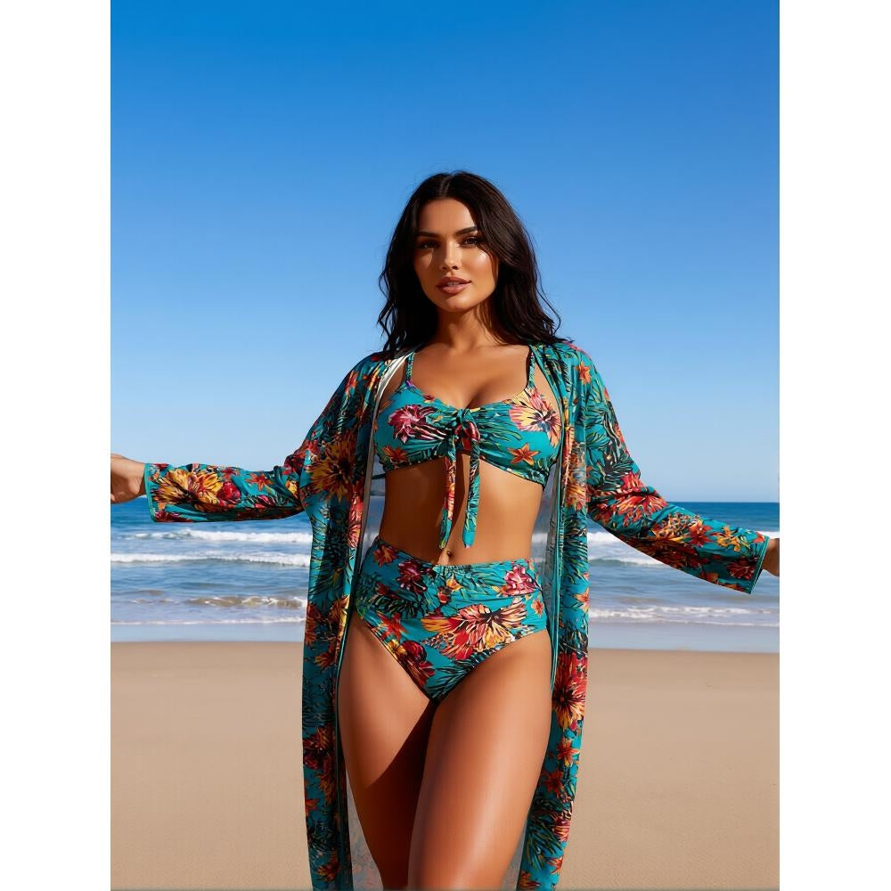 Teal Tropical Three-Piece Tankini and Kimono Cover-Up Set