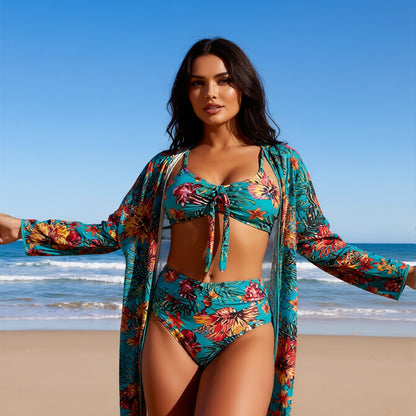 Teal Tropical Three-Piece Tankini and Kimono Cover-Up Set
