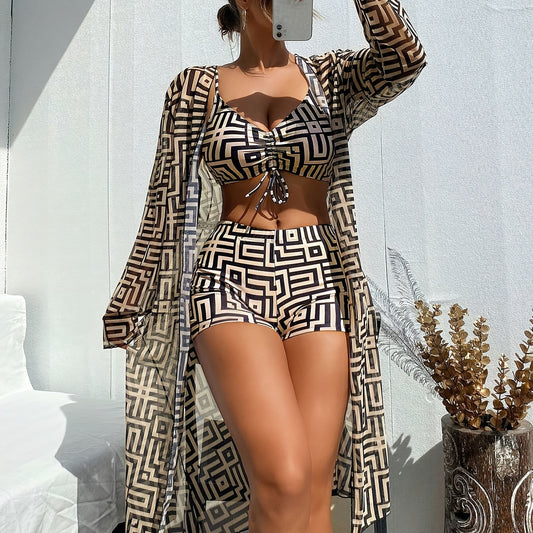 New European and American Style Women's Sun-Protective Clothing Tankini Beachwear Three-Piece Swimsuit Long-Sleeve Jacket with Drawstring and Square Print for Hot Spring Swimming