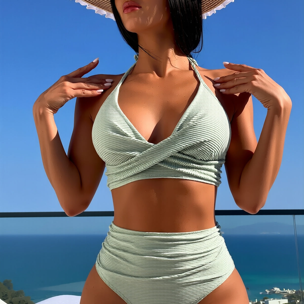 New Textured Halter Two-Piece Swimsuit Women's Twist Front High-Waisted Tummy Control Bathing Suit for Beach Vacation, Luxury Style