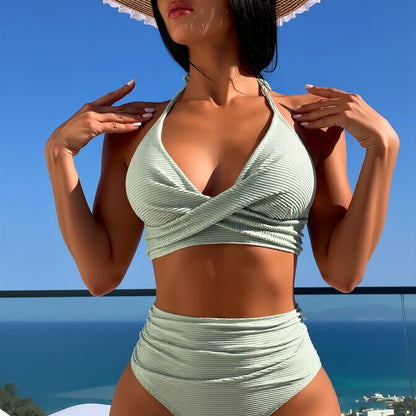 New Textured Halter Two-Piece Swimsuit Women's Twist Front High-Waisted Tummy Control Bathing Suit for Beach Vacation, Luxury Style