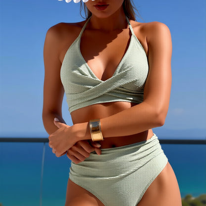 New Textured Halter Two-Piece Swimsuit Women's Twist Front High-Waisted Tummy Control Bathing Suit for Beach Vacation, Luxury Style