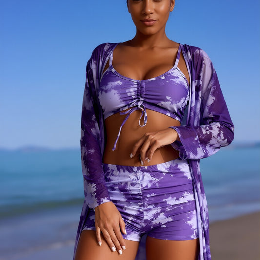 Floral Print Wrap Sarong Sunscreen Suit - Women's Fashion SwimsuitWomen's Modern Swimwear with Bold Color Blocking and Secure Fit for Water Sports